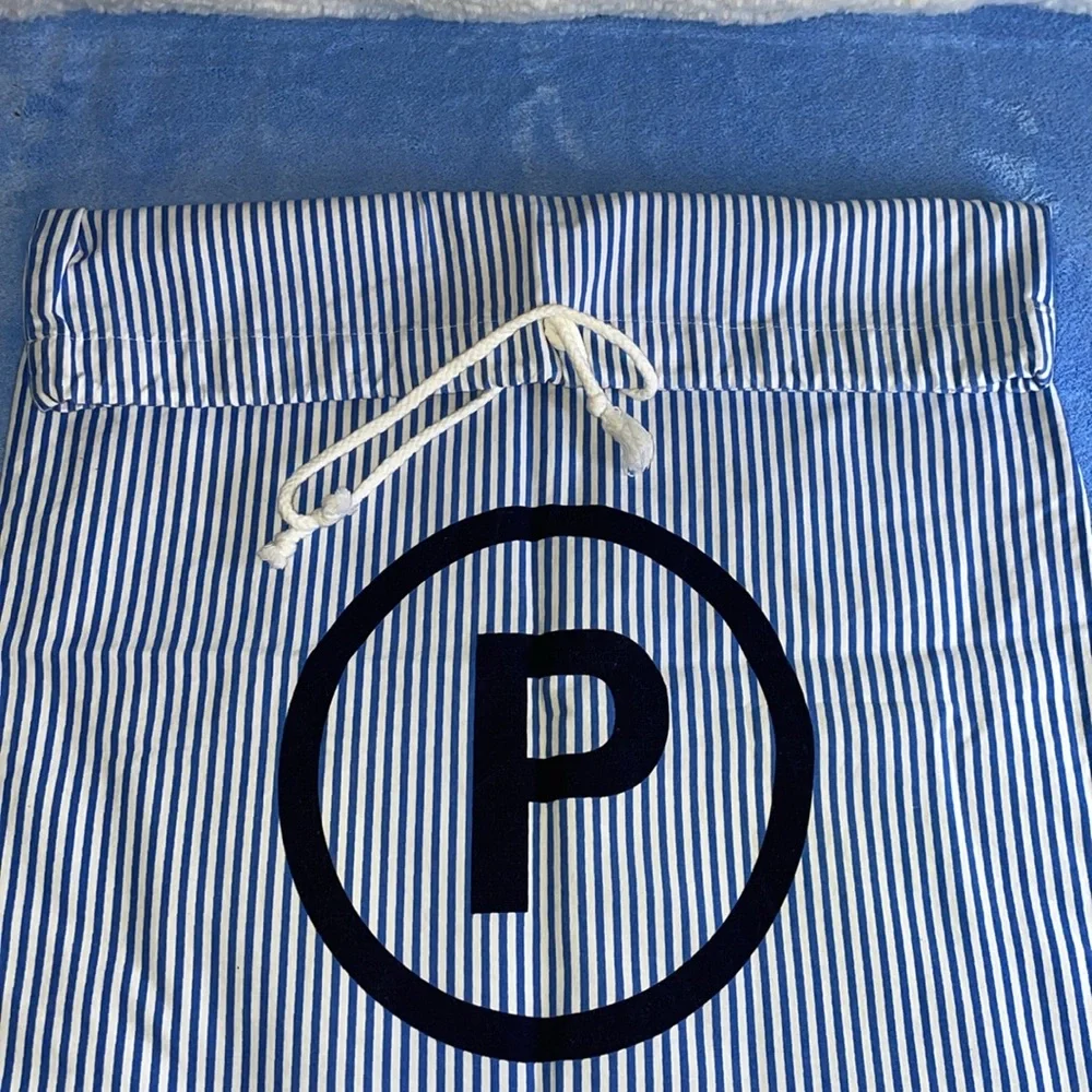 NWOT Large Carrying Bag. Blue & White Strioe with letter “P”